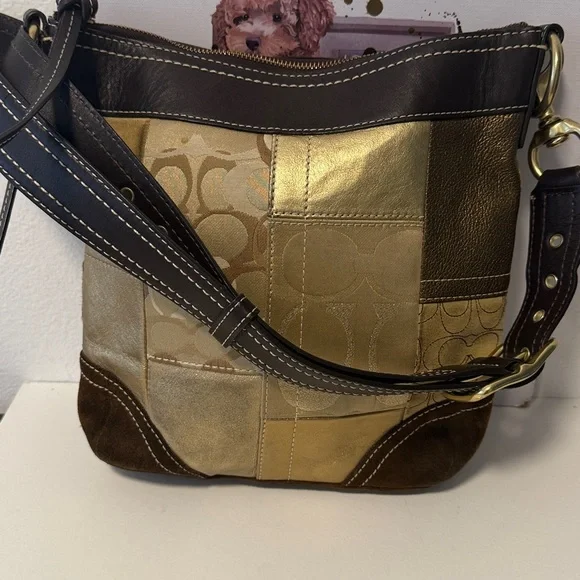 Coach Patchwork Shoulder Bag in Gold and Brown - Picture 2 of 8